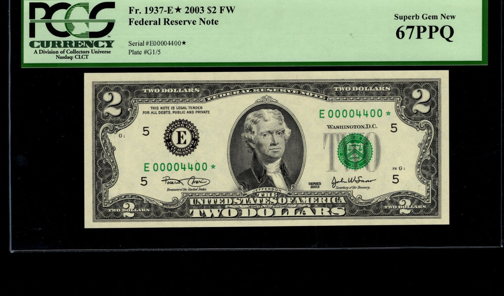 Binary Star Note Fancy Serial Number Two Dollar Bill PCGS 67 PPQ