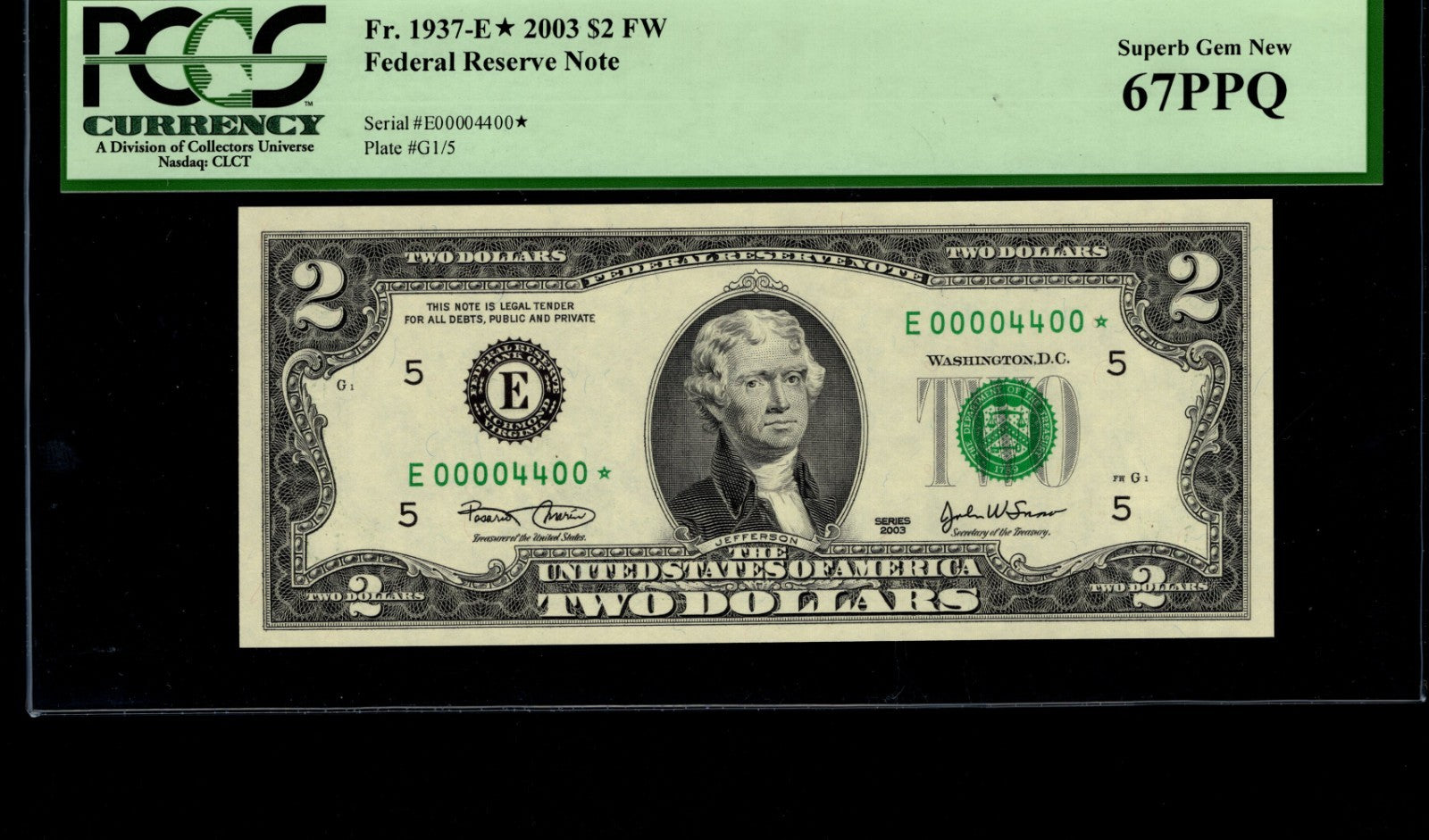 Binary Star Note Fancy Serial Number Two Dollar Bill PCGS 67 PPQ