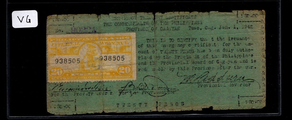 CAGAYAN Province Emergency Treasury Certificate 20 Pesos WW 2 Guerilla Note