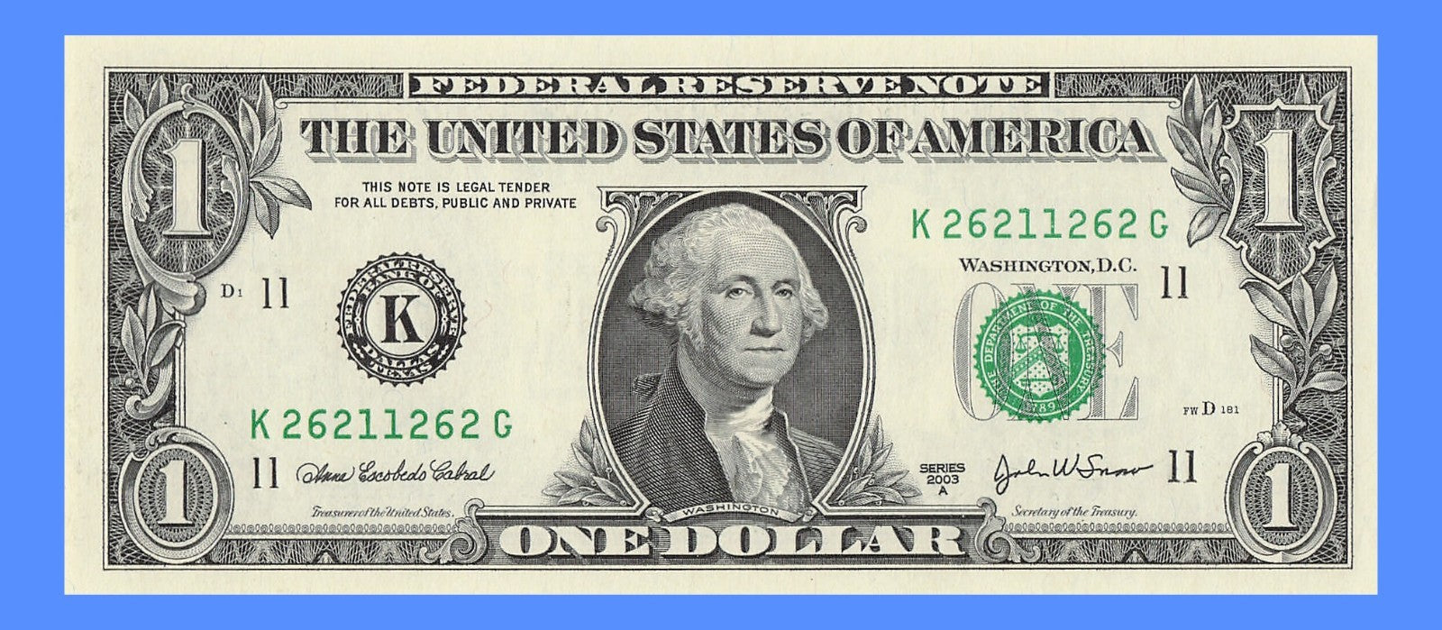 Radar Fancy Serial Number One Dollar Bill 1s 2s 6s 2003A KG Block