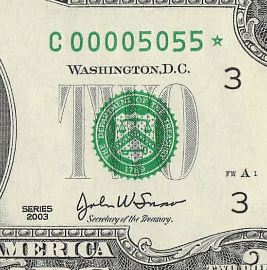 Binary Low Serial Number Star Note Two Dollar Bill C00005055* 5s 0s Philadelphia