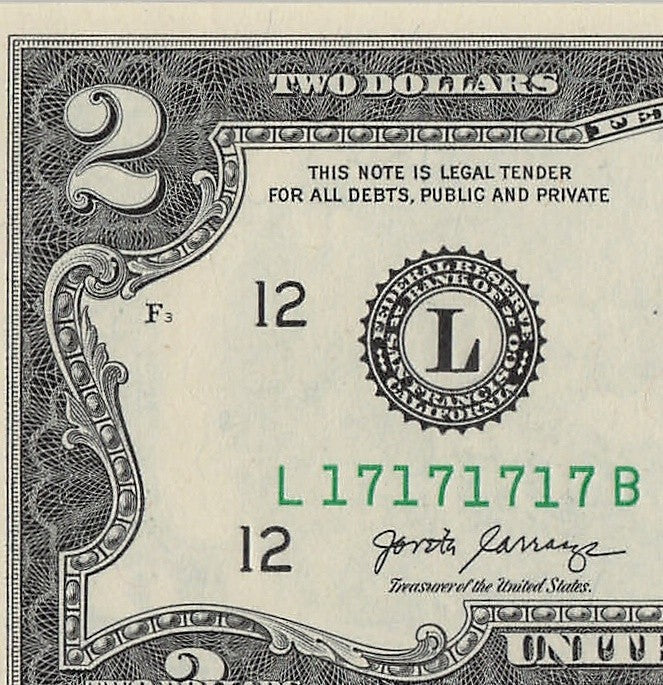 Super Repeater Two Dollar Bill Fancy Serial Number 2017A $2 Binary 1s 7s