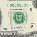 Binary Low Serial Number Star Note Two Dollar Bill F00003033* 3s 0s Atlanta