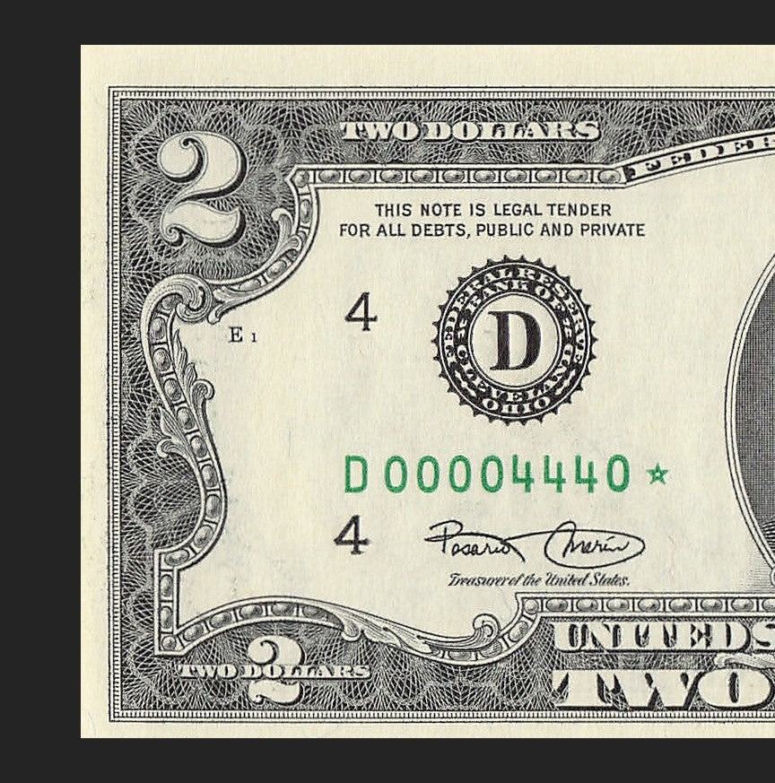 Binary Low Serial Number Star Note Two Dollar Bill D00004440* 4s 0s Cleveland