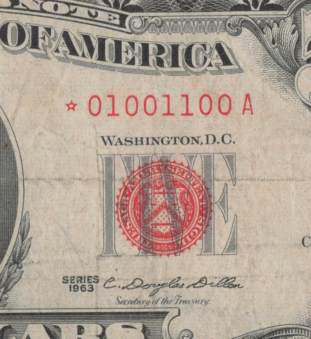 True Binary Star Note 0s 1s Fancy Serial Number Five Dollar Red Seal 1963