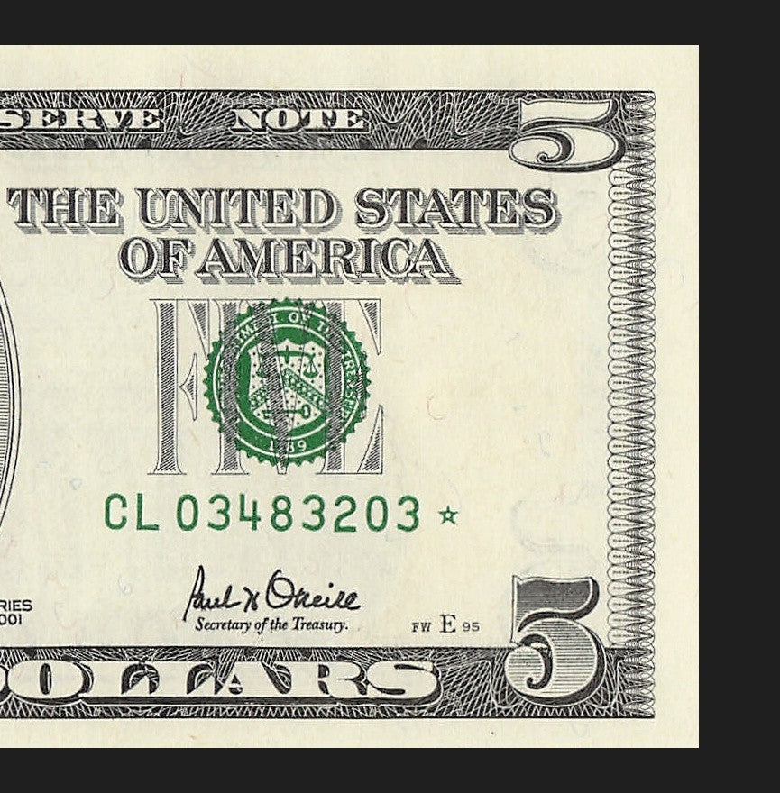 Star Note Five Dollar Bill 2001 $5 CL* San Francisco Run 2 UNC 1.92 Million