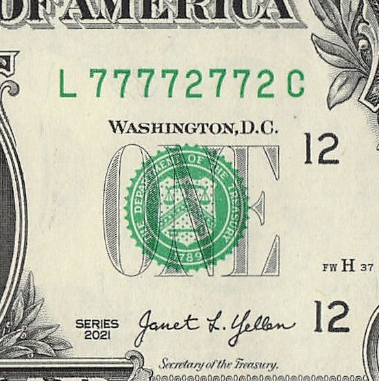 Binary Fancy Serial Number One Dollar Bill 2021 $1 Six of a Kind 2s 7s