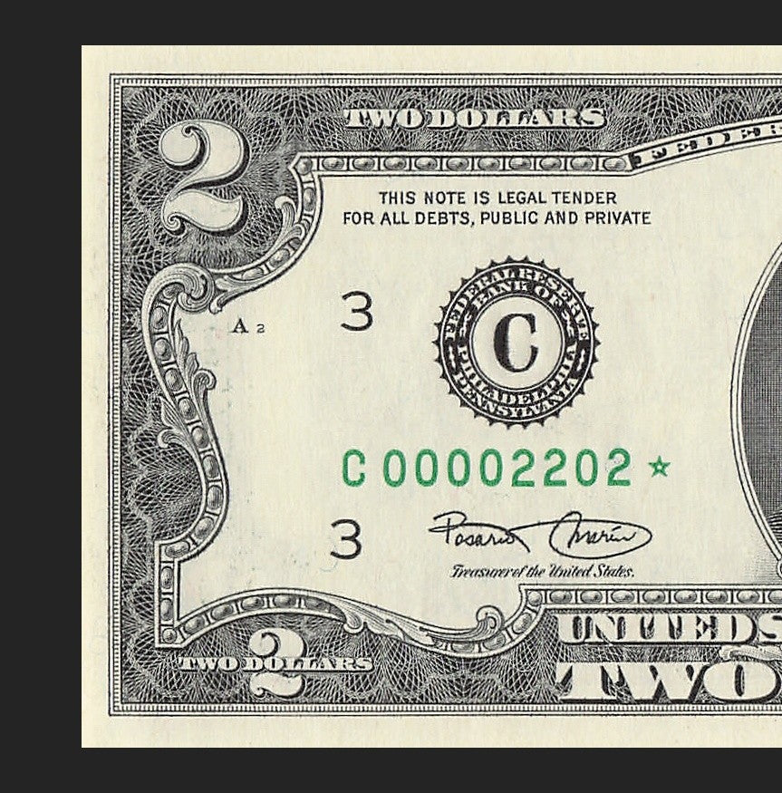 Binary Low Serial Number Star Note Two Dollar Bill C00002202* 2s 0s Philadelphia