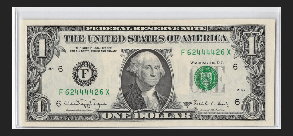 Radar Fancy Serial number One Dollar Bill FX Block X Run 1988A F62444426X