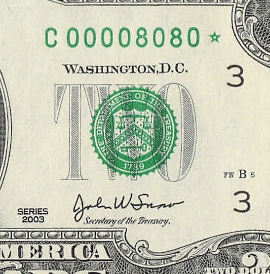 Binary Low Serial Number Star Note Two Dollar Bill C00008080* 8s 0s Philadelphia