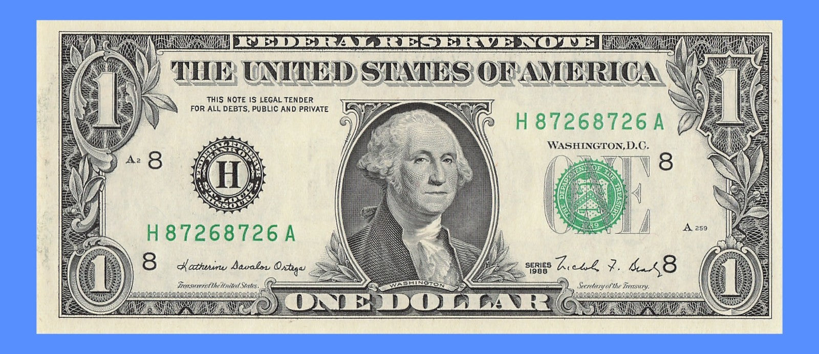 Repeater Fancy Serial Number One Dollar Bill 8s 2s 7s 6s 1988 HA Block