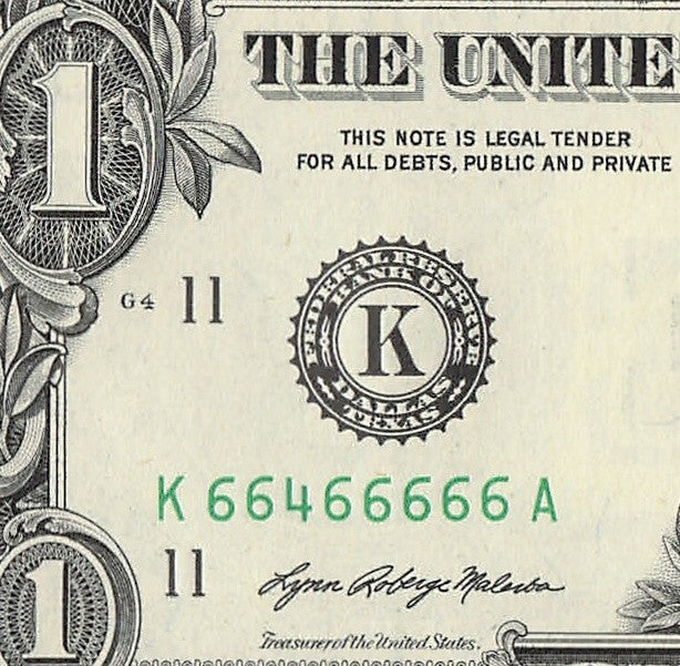 Seven of a Kind 6s One Dollar Bill Fancy Serial Number 2021 $1 KA Block