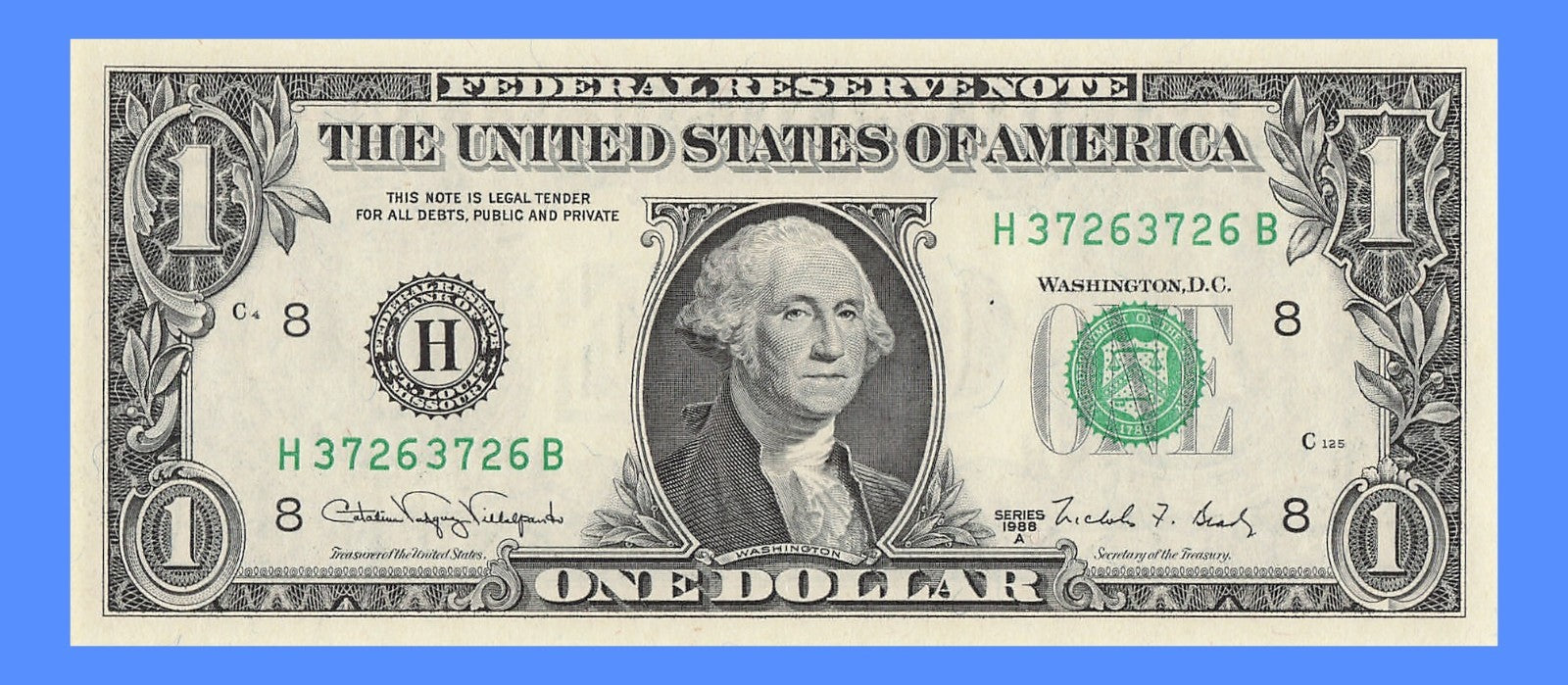 Repeater Fancy Serial Number One Dollar Bill 2s 3s 6s 7s 1988A HB Block