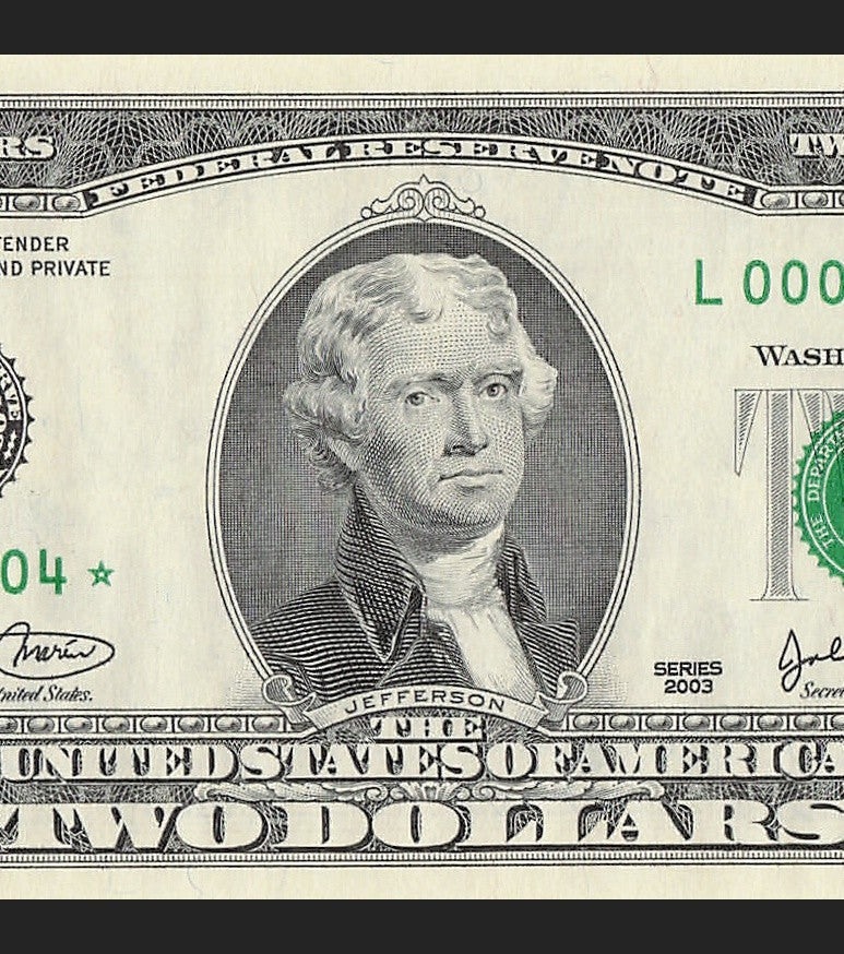 Binary Low Serial Number Star Note Two Dollar Bill L00004404* 4s 0s