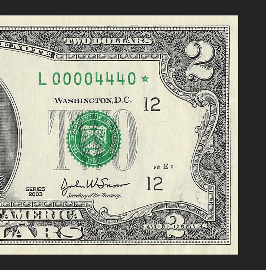 Binary Low Serial Number Star Note Two Dollar Bill L00004440* 4s 0s 444