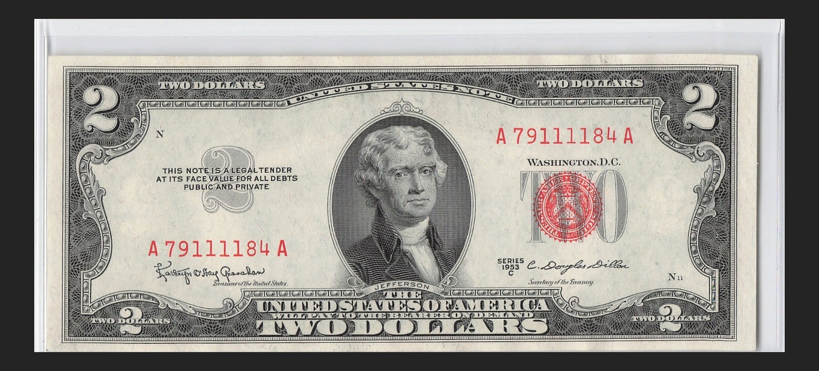 Four in a Row 1s Fancy Serial Number Two Dollar Red Seal 1953C $2 POS 3