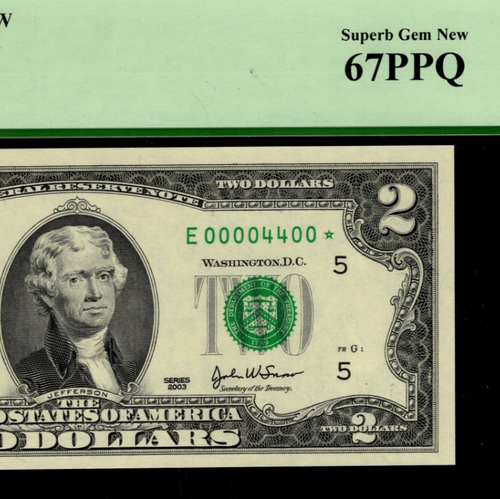 Binary Star Note Fancy Serial Number Two Dollar Bill PCGS 67 PPQ