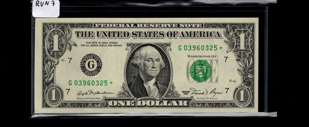 Star Note One Dollar Bill 1981 $1 G* Block Chicago Run 7 UNC