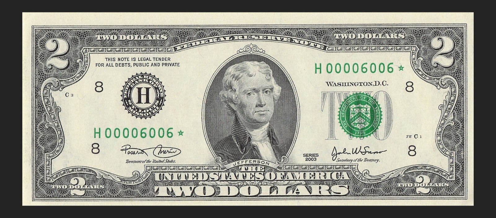 Binary Low Serial Number Star Note Two Dollar Bill H00006006* 6s 0s St Louis