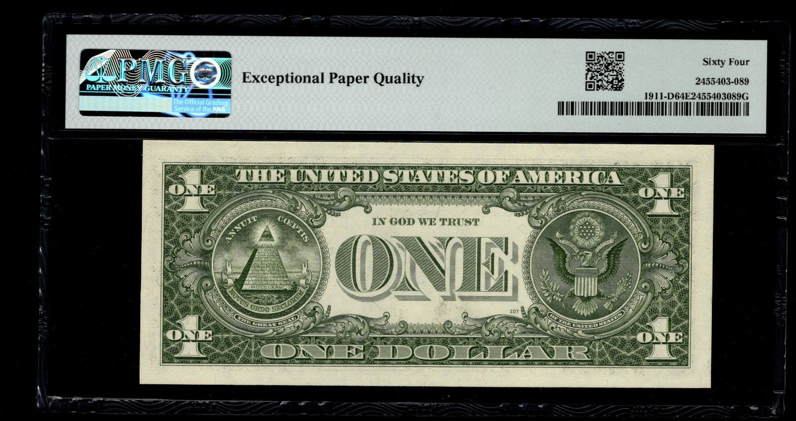 Low Serial Number 89 Fancy Serial Number One Dollar Bill PMG D00000089B