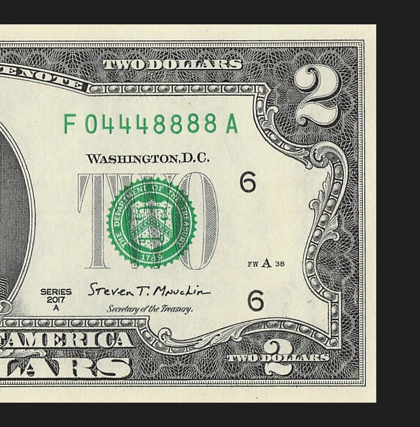 Two Dollar Bill Fancy Serial Number 2017A $2 Triple Quad Trinary 0s 4s 8s