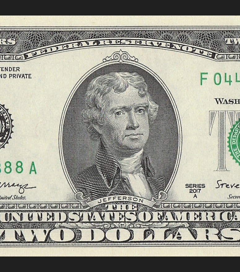 Two Dollar Bill Fancy Serial Number 2017A $2 Triple Quad Trinary 0s 4s 8s