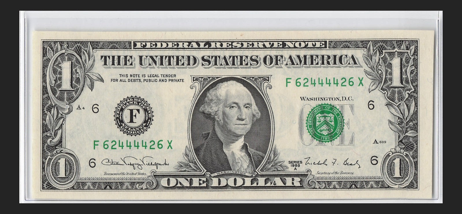 Radar Fancy Serial number One Dollar Bill FX Block X Run 1988A F62444426X
