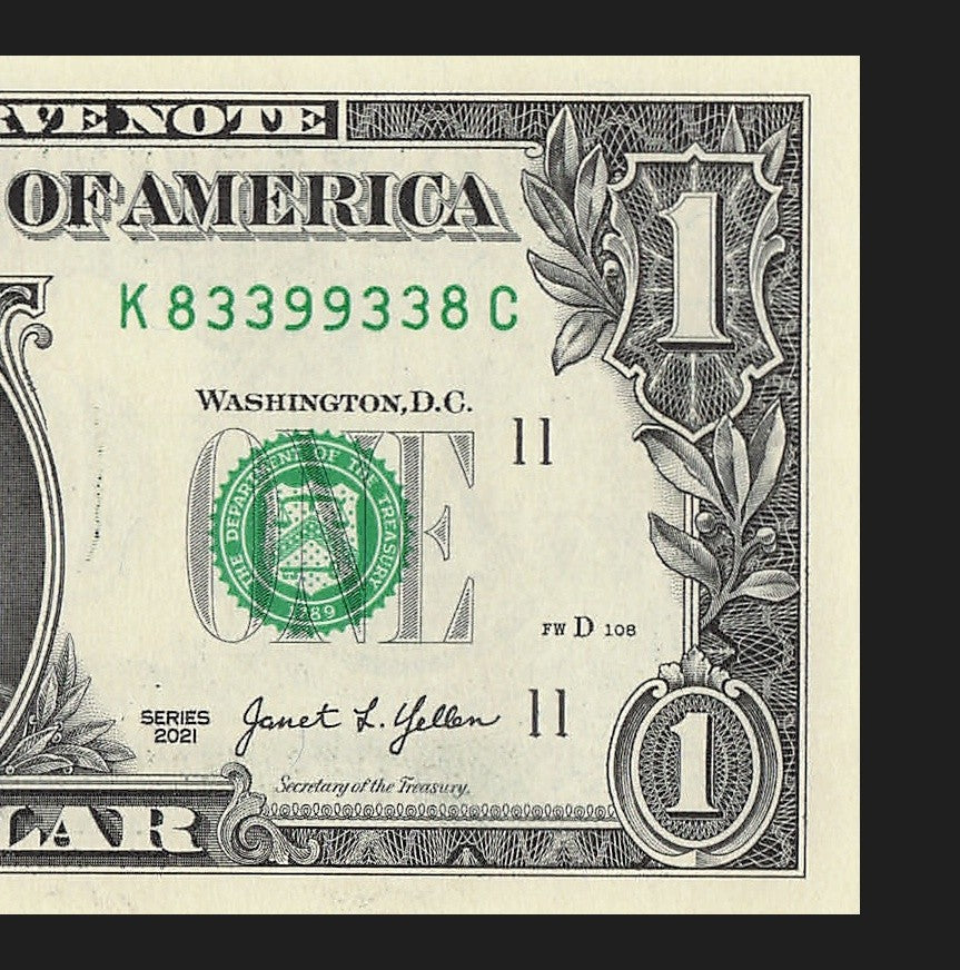 Radar Fancy Serial Number One Dollar Bill 2021 $1 KC Palindrome 3s 8s 9s