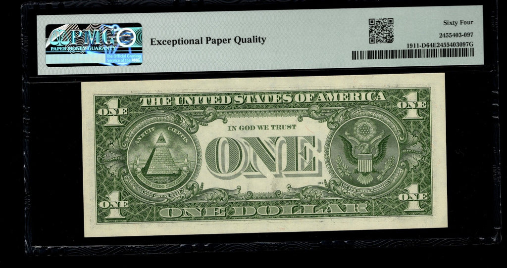 Low Serial Number 97 Fancy Serial Number One Dollar Bill PMG D00000097B