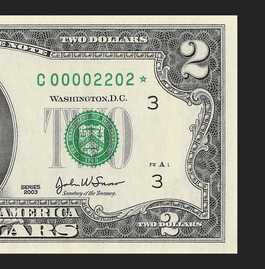 Binary Low Serial Number Star Note Two Dollar Bill C00002202* 2s 0s Philadelphia