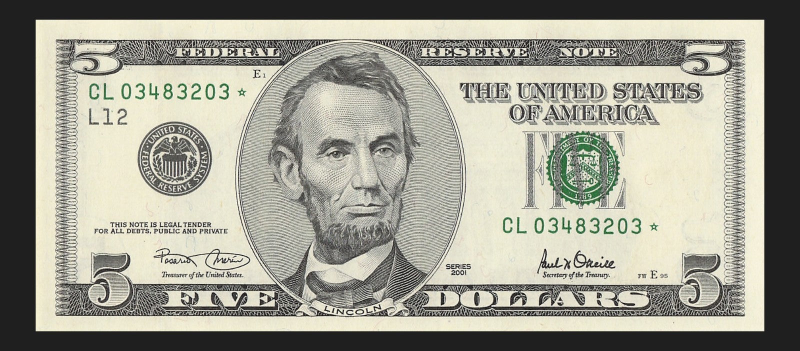 Star Note Five Dollar Bill 2001 $5 CL* San Francisco Run 2 UNC 1.92 Million