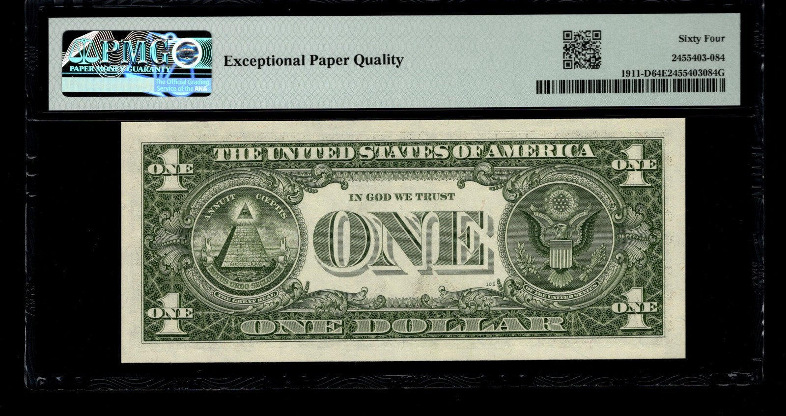 Low Serial Number 84 Fancy Serial Number One Dollar Bill PMG D00000084B