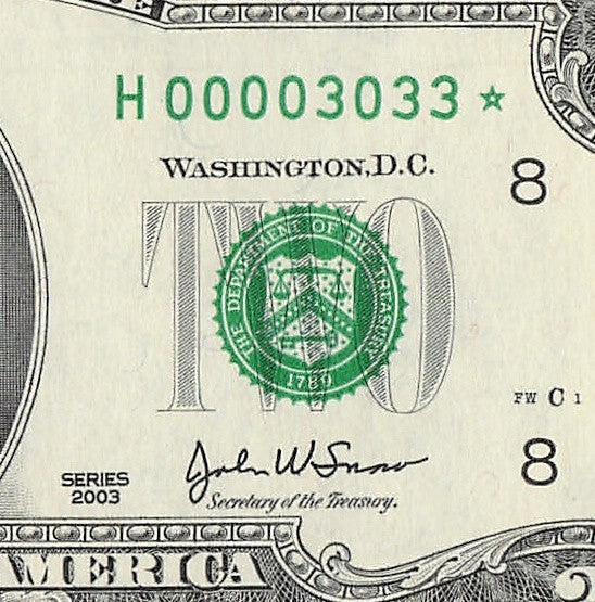 Binary Low Serial Number Star Note Two Dollar Bill H00003033* 3s 0s St Louis