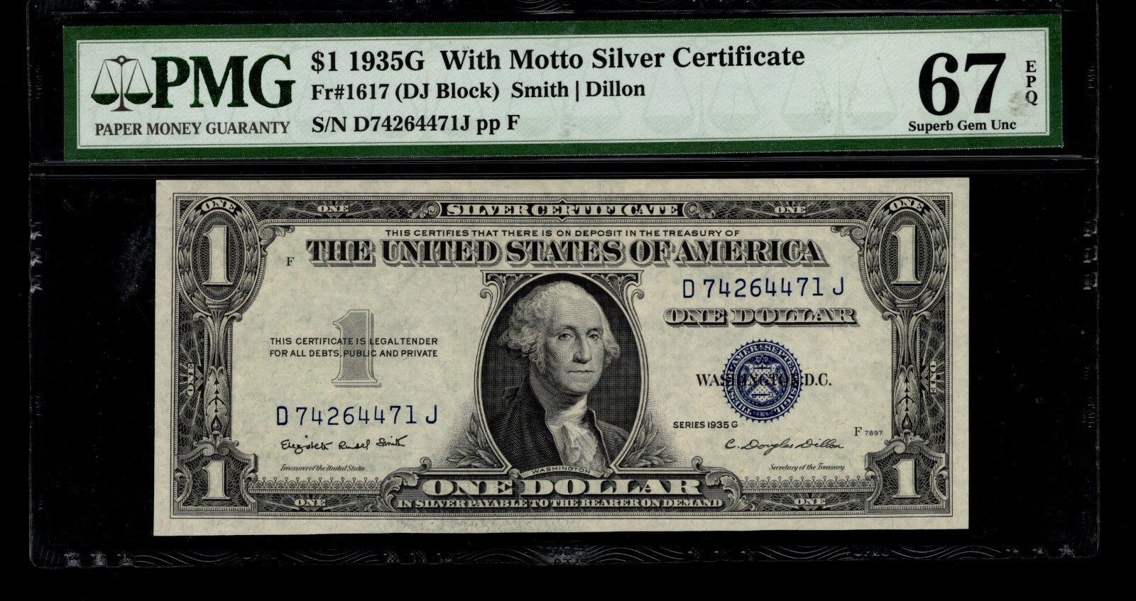 One Dollar Silver Certificate FR 1617 PMG 67 1935G $1 Motto Note