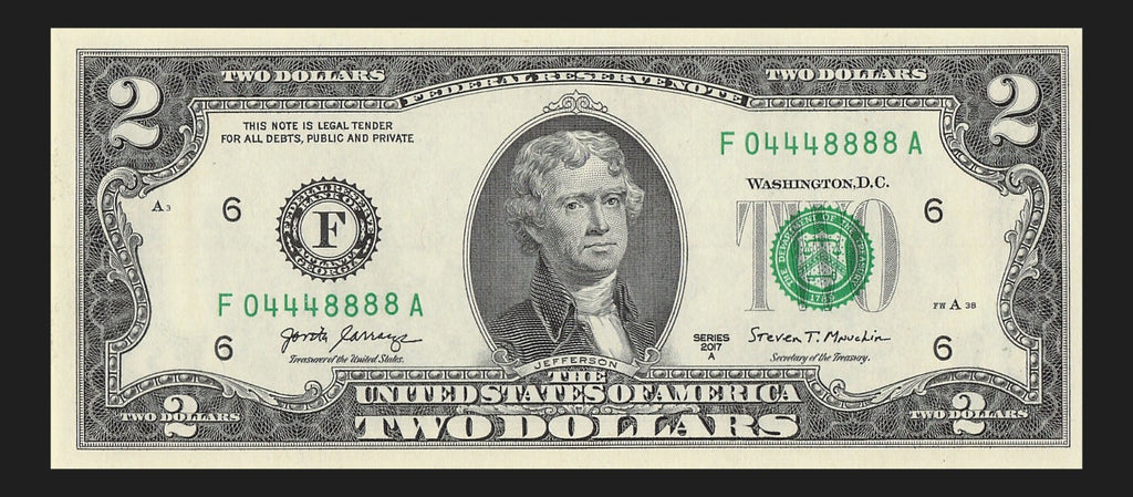 Two Dollar Bill Fancy Serial Number 2017A $2 Triple Quad Trinary 0s 4s 8s