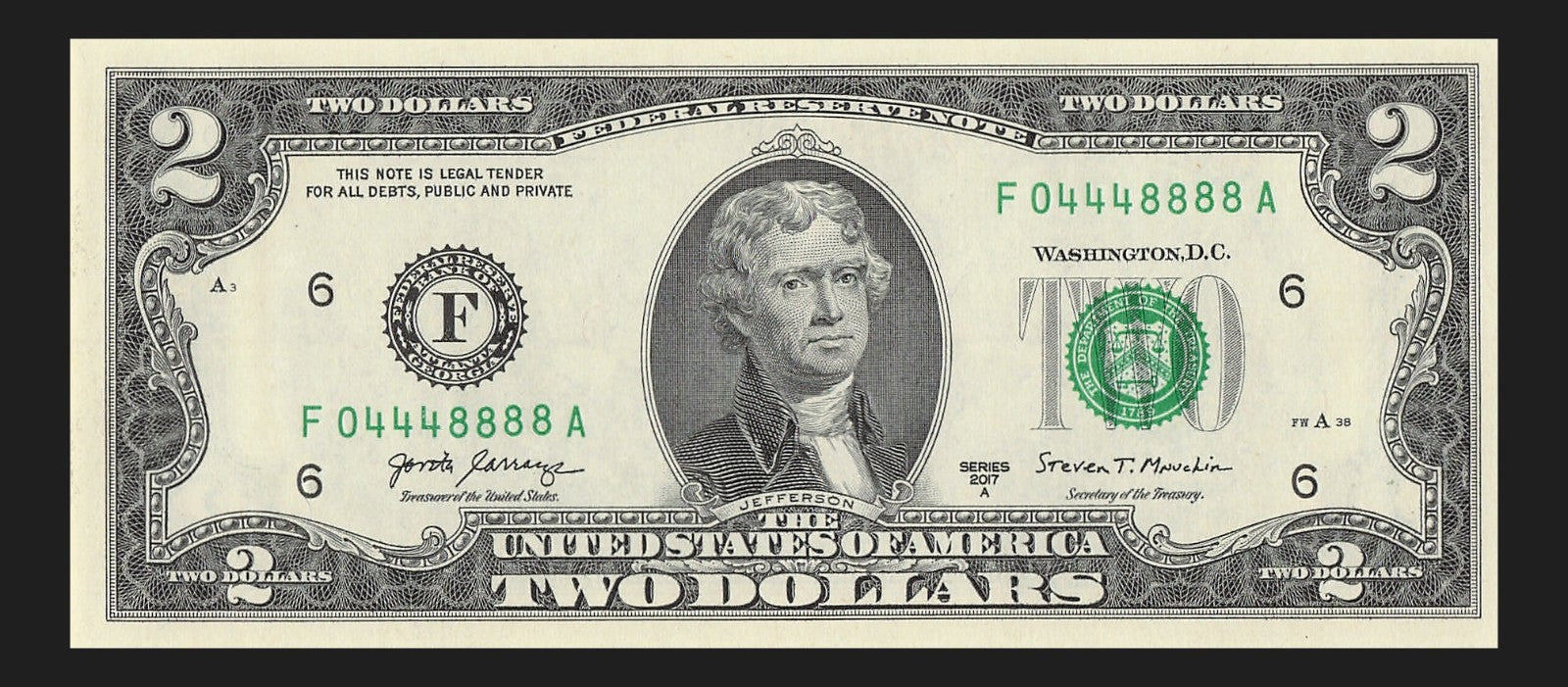 Two Dollar Bill Fancy Serial Number 2017A $2 Triple Quad Trinary 0s 4s 8s