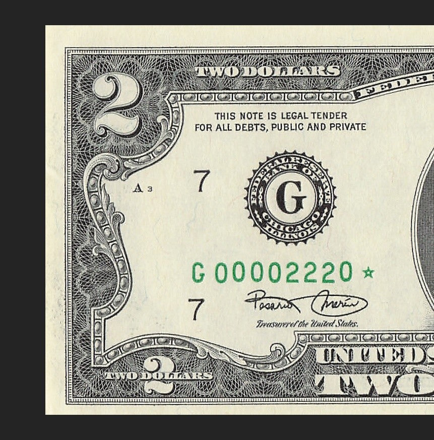 Binary Low Serial Number Star Note Two Dollar Bill G00002220* 2s 0s Chicago