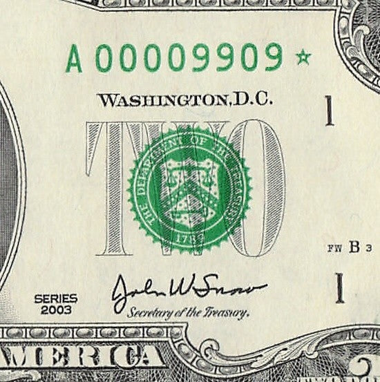 Binary Low Serial Number Star Note Two Dollar Bill A00009909* 9s 0s Boston