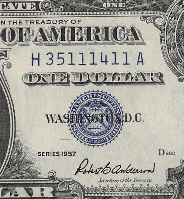 Five of a kind 1s Fancy Serial Number Silver Certificate 1957 $1 UNC