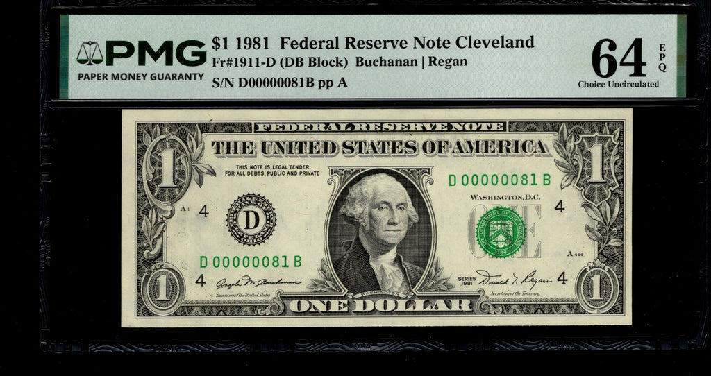 Low Serial Number 81 Fancy Serial Number One Dollar Bill PMG D00000081B