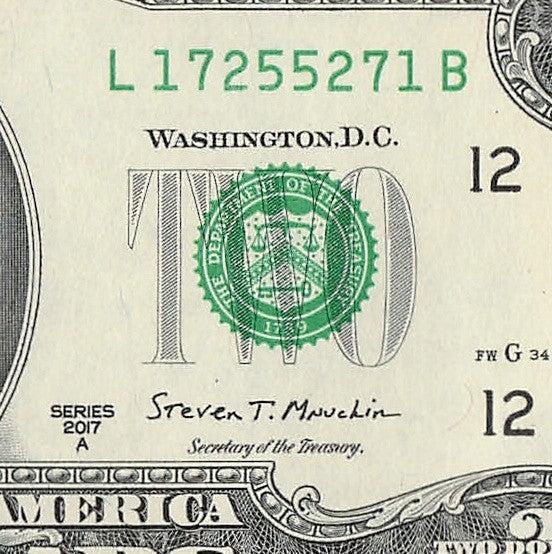 Radar Two Dollar Bill Fancy Serial Number 2017A $2 Palindrome 1s 7s 2s 5s