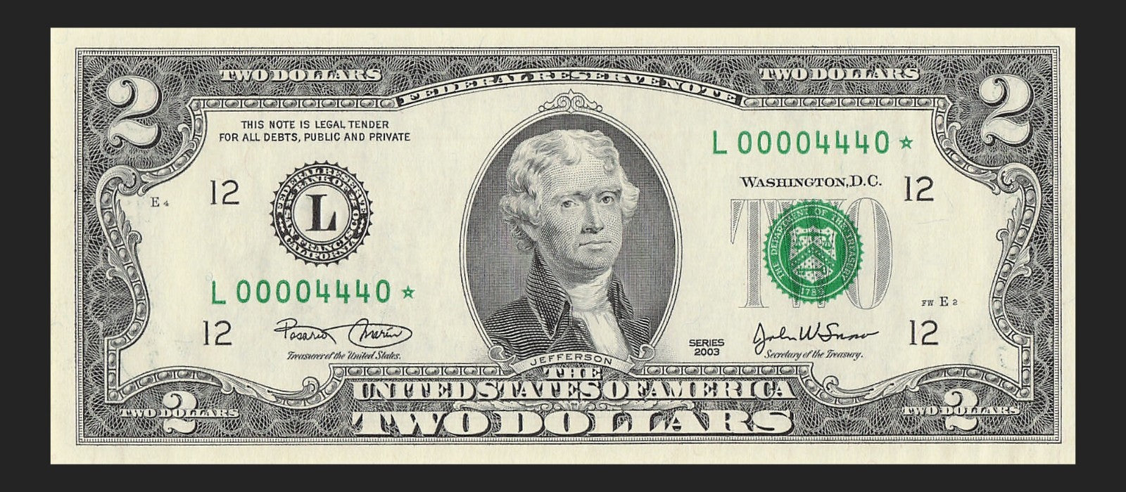 Binary Low Serial Number Star Note Two Dollar Bill L00004440* 4s 0s 444