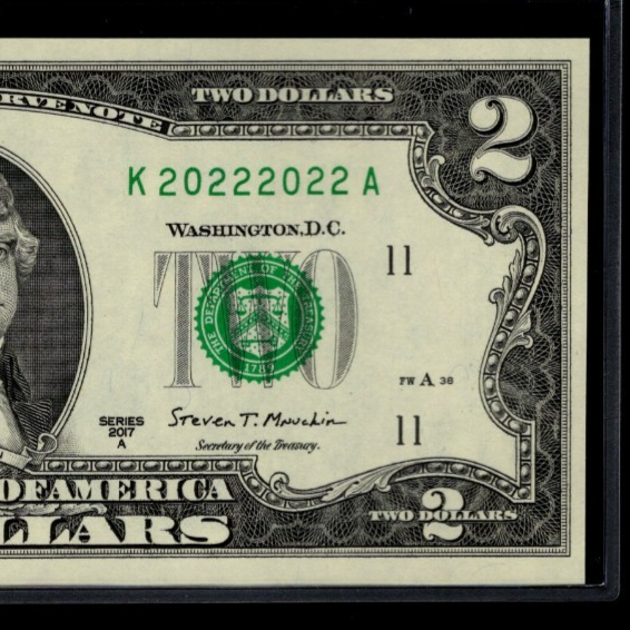 Binary Repeater Fancy Serial Number $2 Two Dollar Bill 2022 2022 Date Note UNC