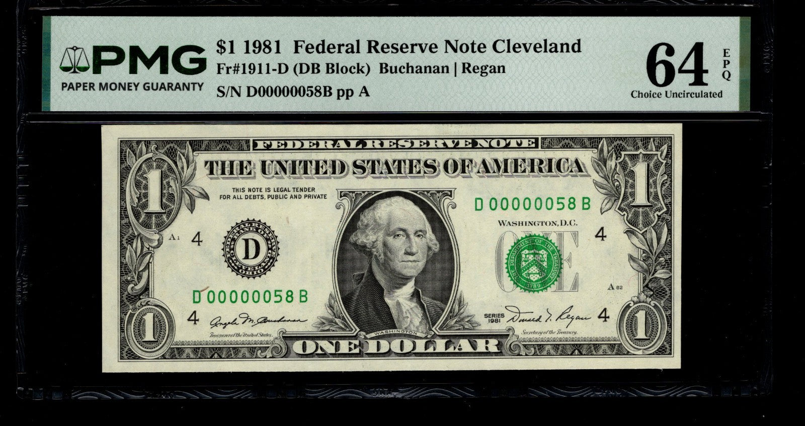 Low Serial Number 58 Fancy Serial Number One Dollar Bill PMG D00000058B