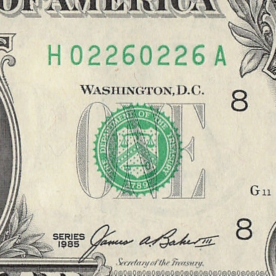 Repeater Fancy Serial Number One Dollar Bill 1985 0s 2s 6s HA Block