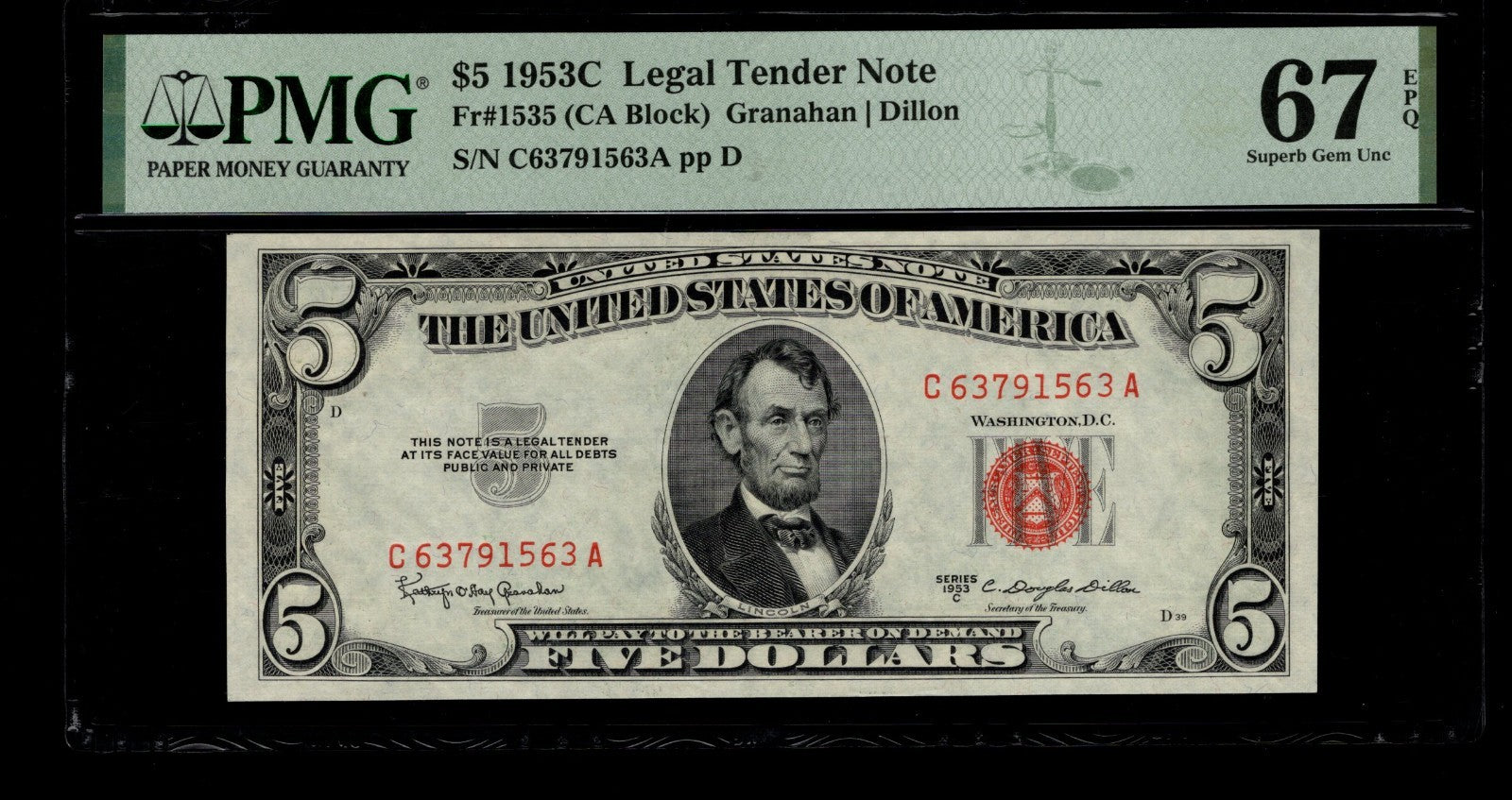 Five Dollar Legal Tender FR 1535 PMG 67 1953C $5 Red Seal