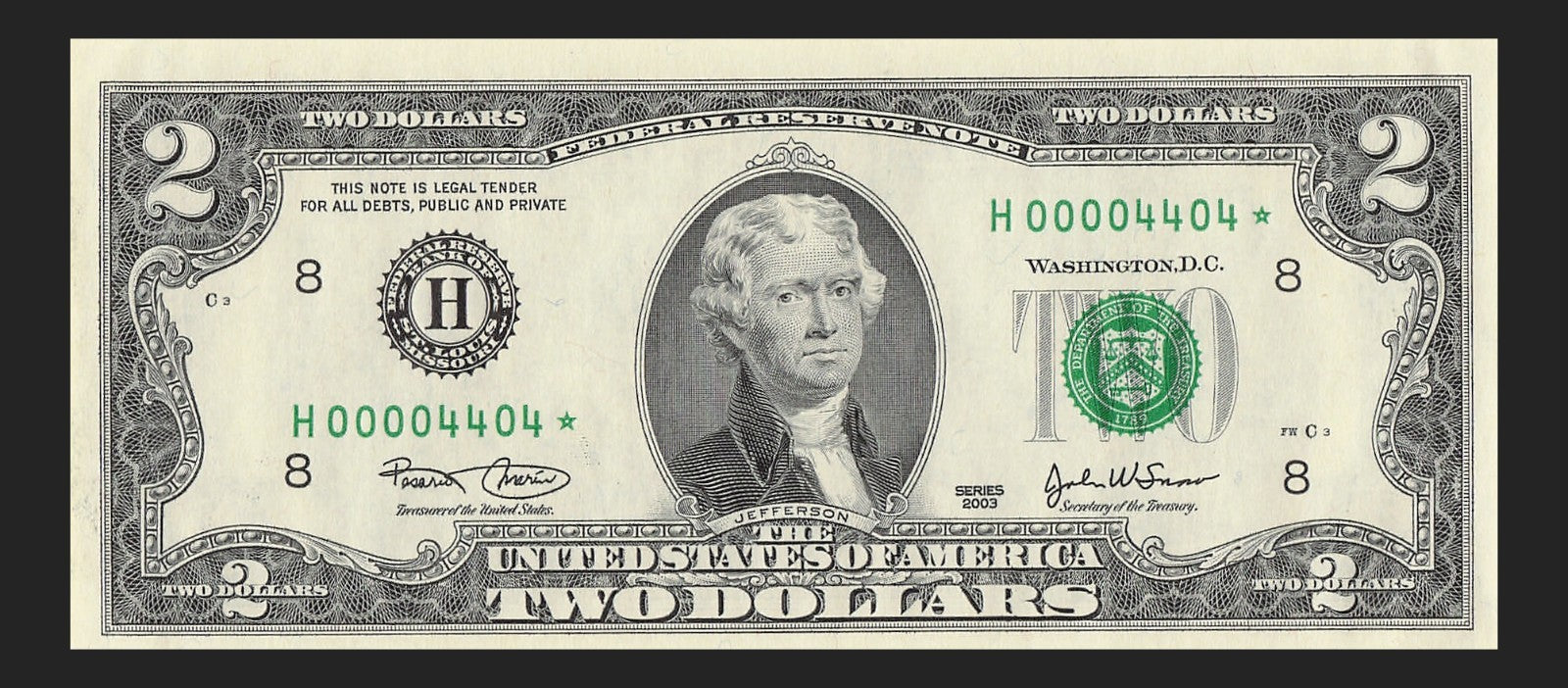 Binary Low Serial Number Star Note Two Dollar Bill H00004404* 4s 0s St Louis