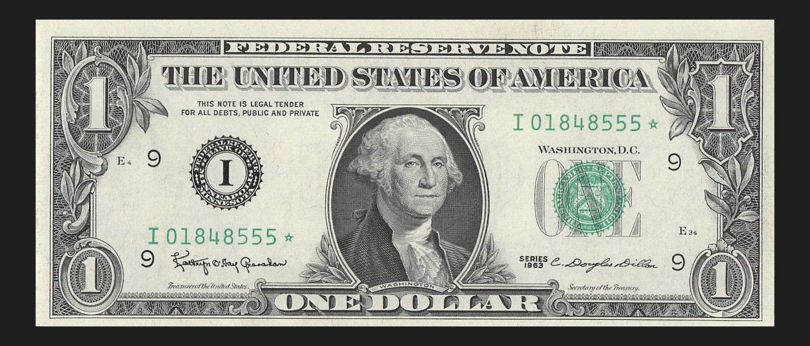 Star Note One Dollar Bill 1963 $1 I* Block Minneapolis Run 1 UNC