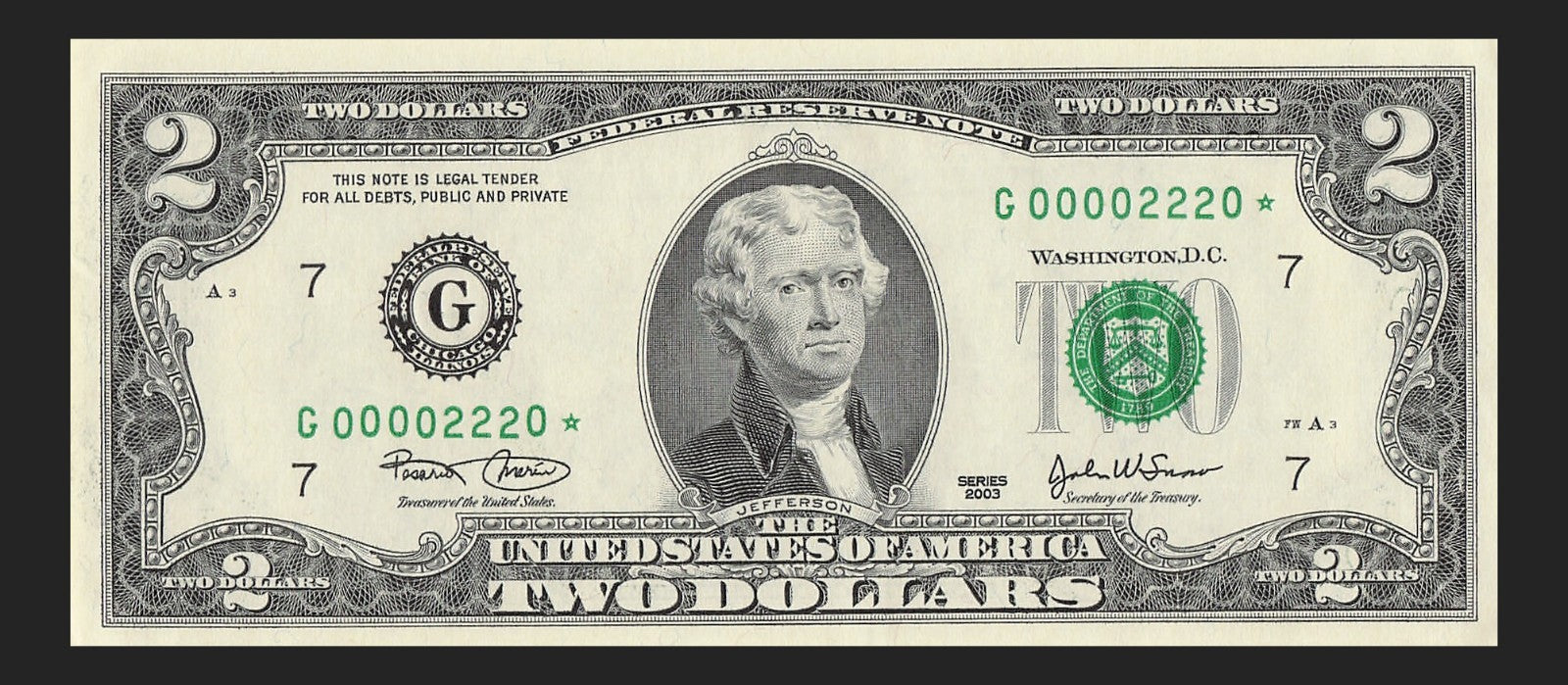 Binary Low Serial Number Star Note Two Dollar Bill G00002220* 2s 0s Chicago