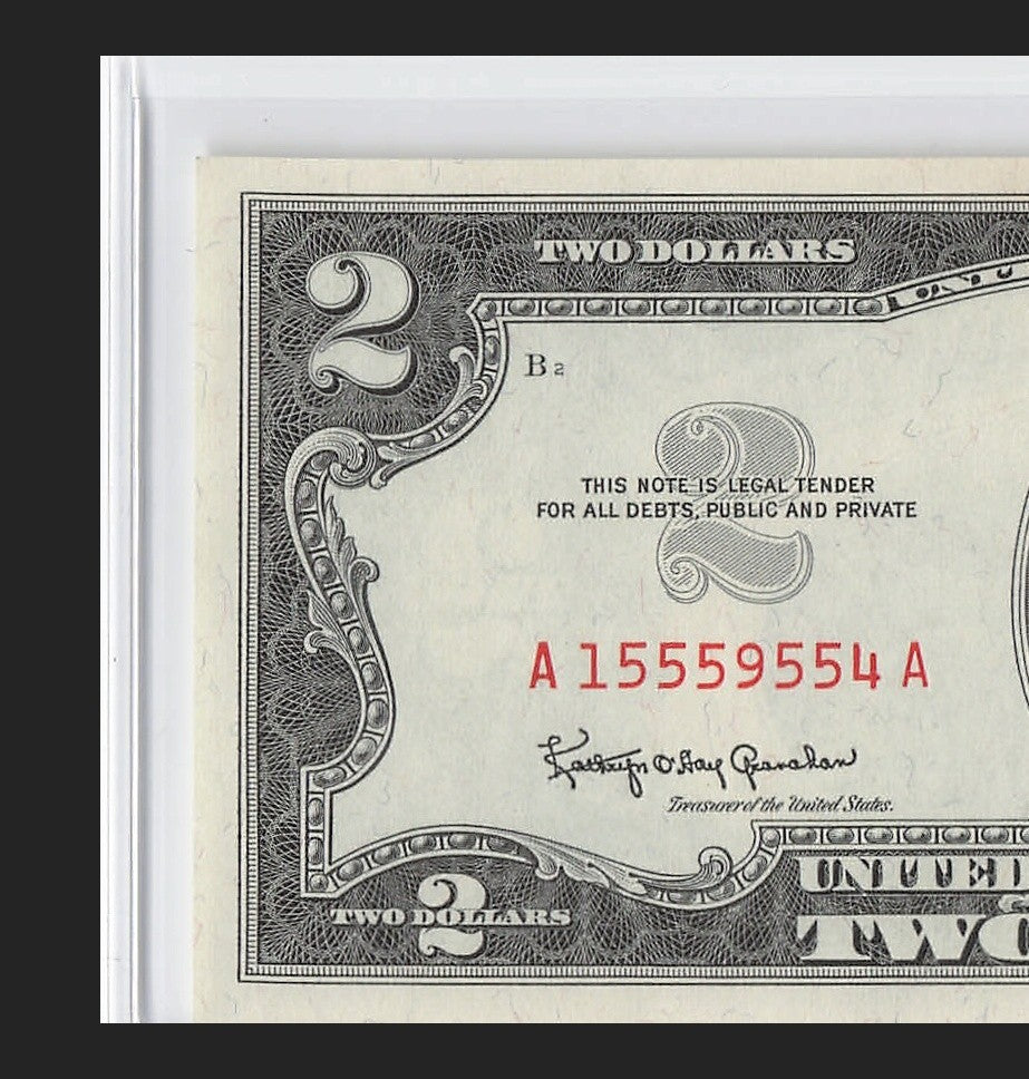 Five of a Kind 5s Fancy Serial Number Two Dollar Red Seal $2 1963A